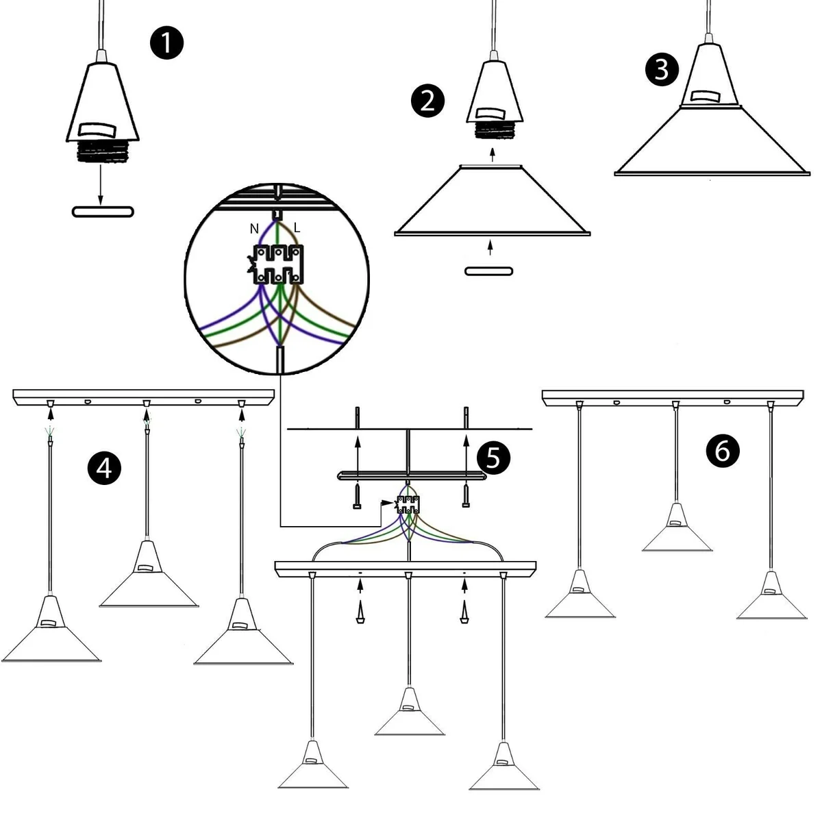 Three head modern metal and PVC pendant light with black shades hanging from ceiling, showing adjustable cables and assembly parts