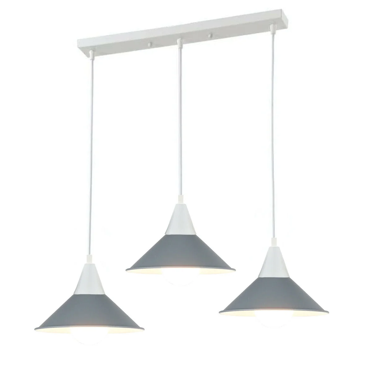 Three black ceiling pendant lampshades with metal cages and PVC cables hanging from a round ceiling plate