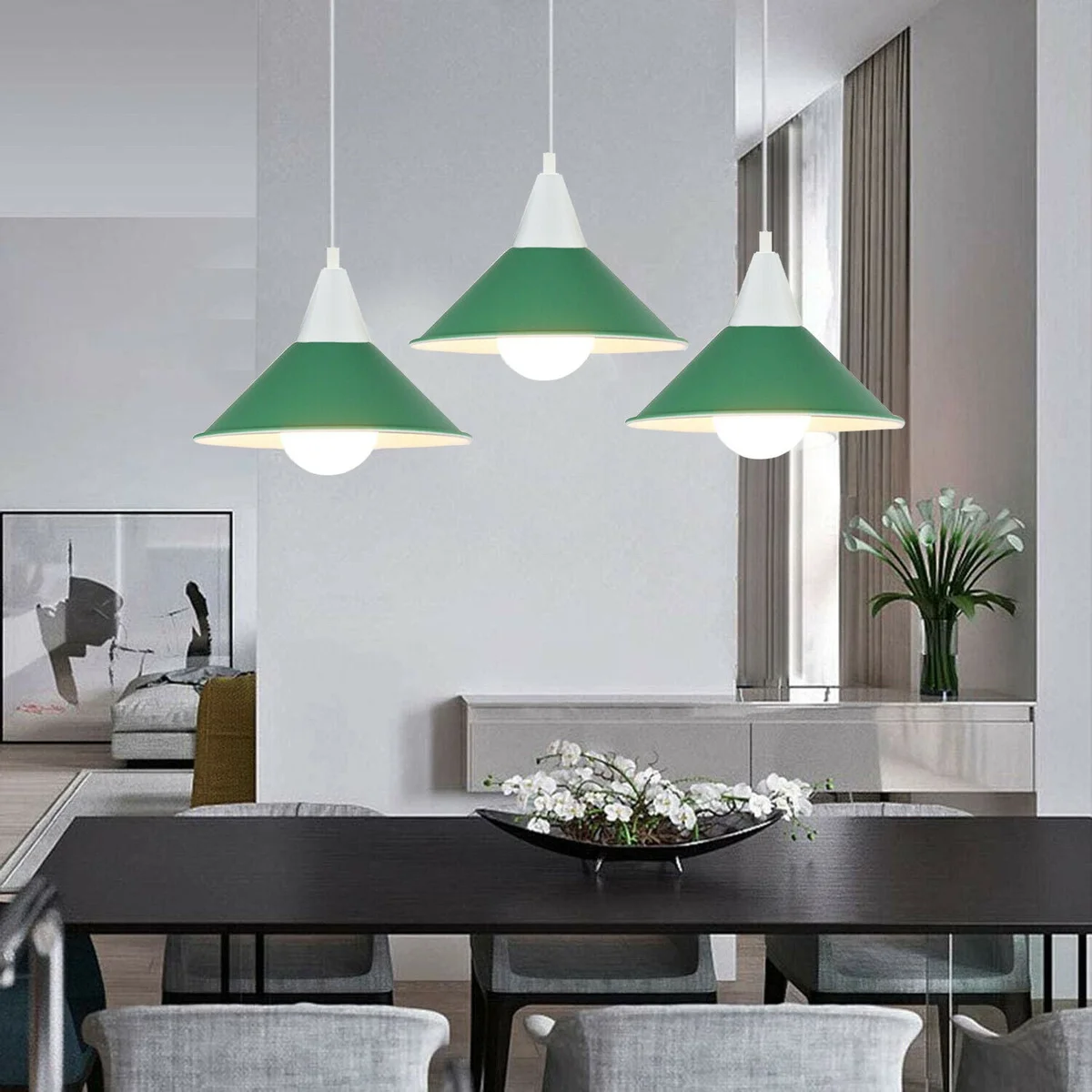 Black 3 head modern chandelier pendant light with metal and PVC shades hanging from ceiling plate