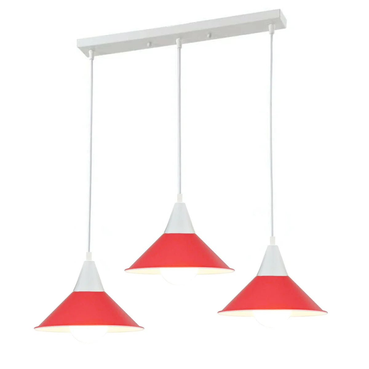 Black 3 head modern chandelier pendant light with metal and PVC shades hanging from ceiling plate