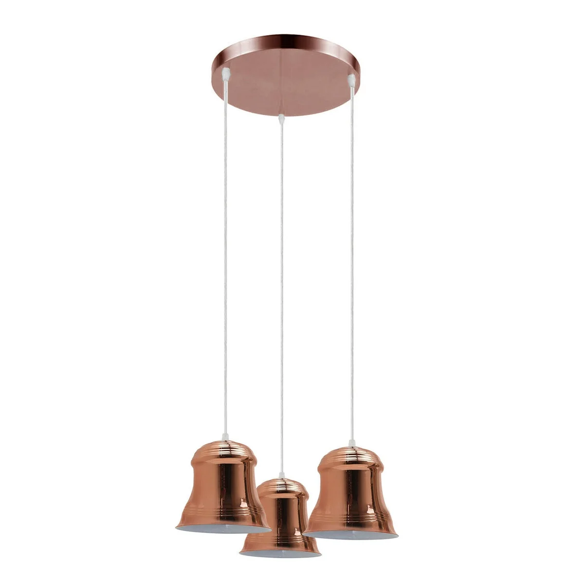 Three-head vintage industrial E27 pendant light with rose gold, yellow brass, and satin nickel finishes hanging from ceiling