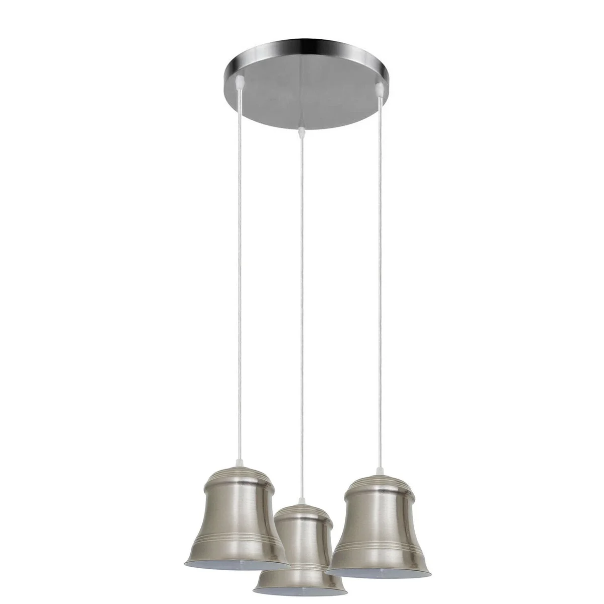 Three head rose gold ceiling light pendant with adjustable shades and long cables hanging from ceiling plate