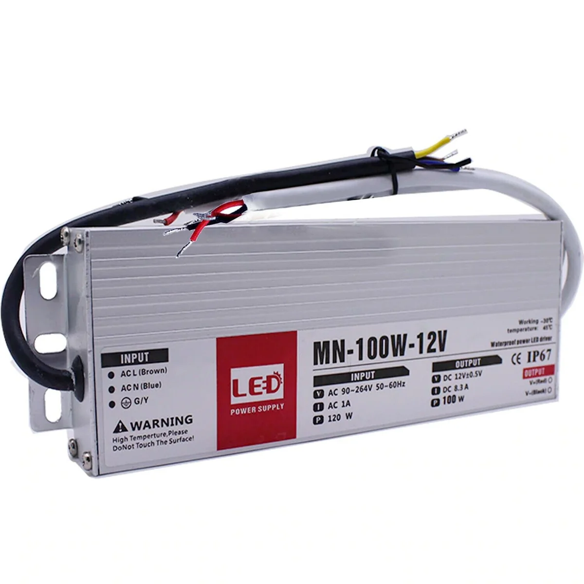 100W LED driver power supply transformer in slim aluminum casing with waterproof IP67 rating and rubber-sealed cables