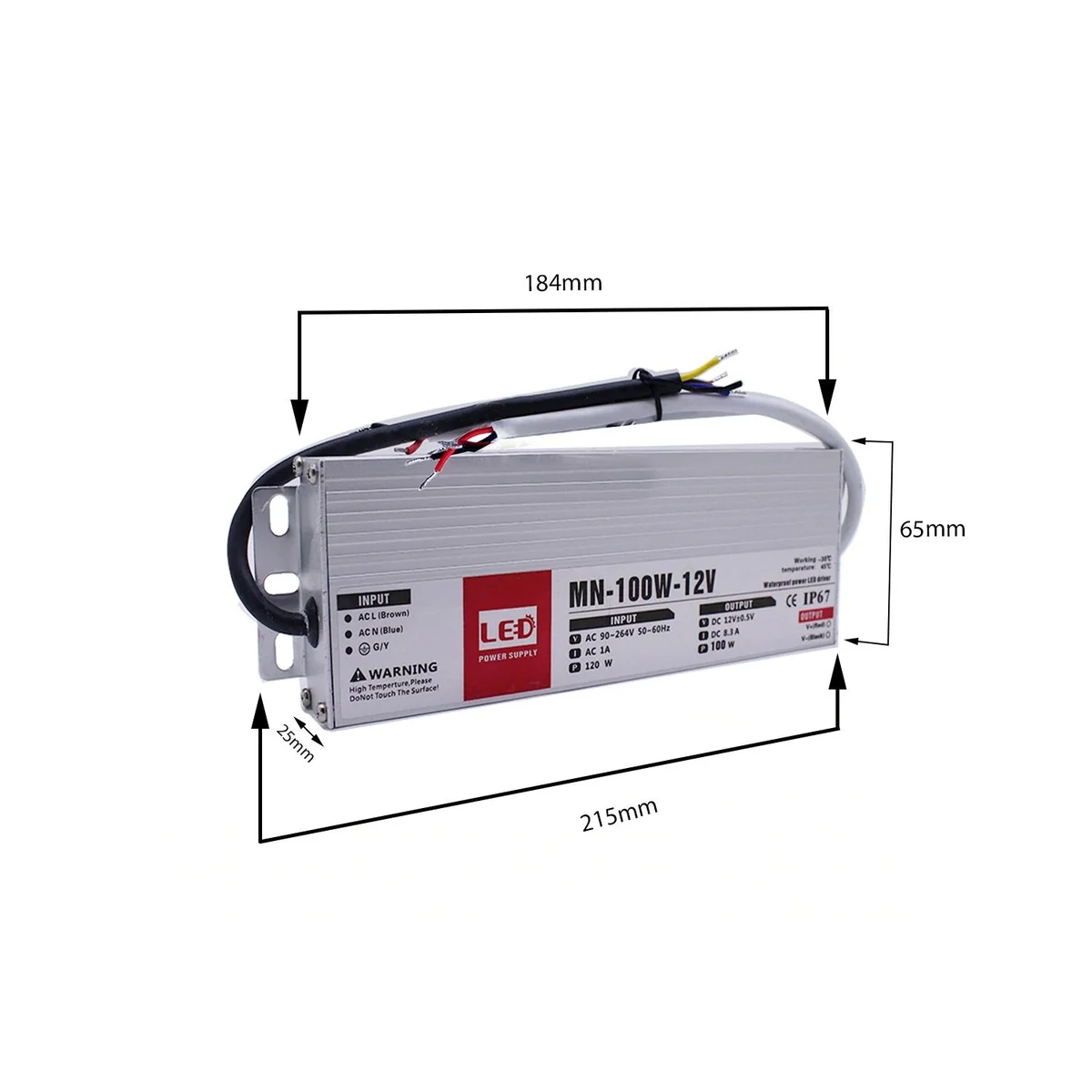 100W IP67 waterproof LED driver in slim aluminum casing with rubber-sealed cables and DC 12V output for LED lighting