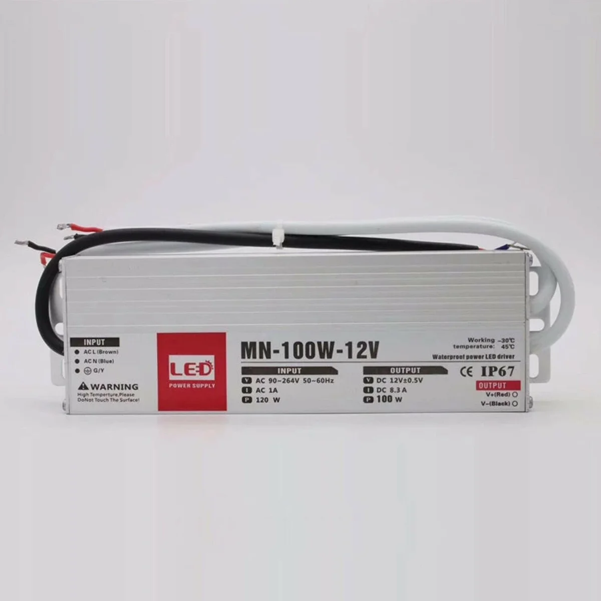 Slim aluminum 12V LED power transformer with IP67 waterproof rating and rubber-sealed cables for outdoor use