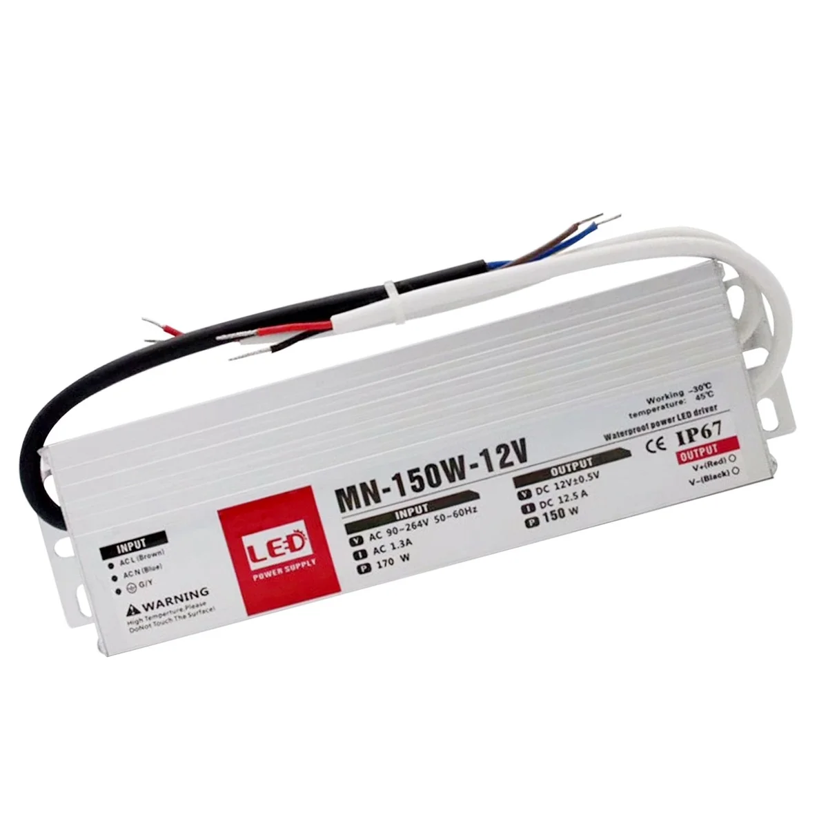 150W LED power supply transformer in slim aluminum casing with waterproof IP67 rating and rubber-sealed cables