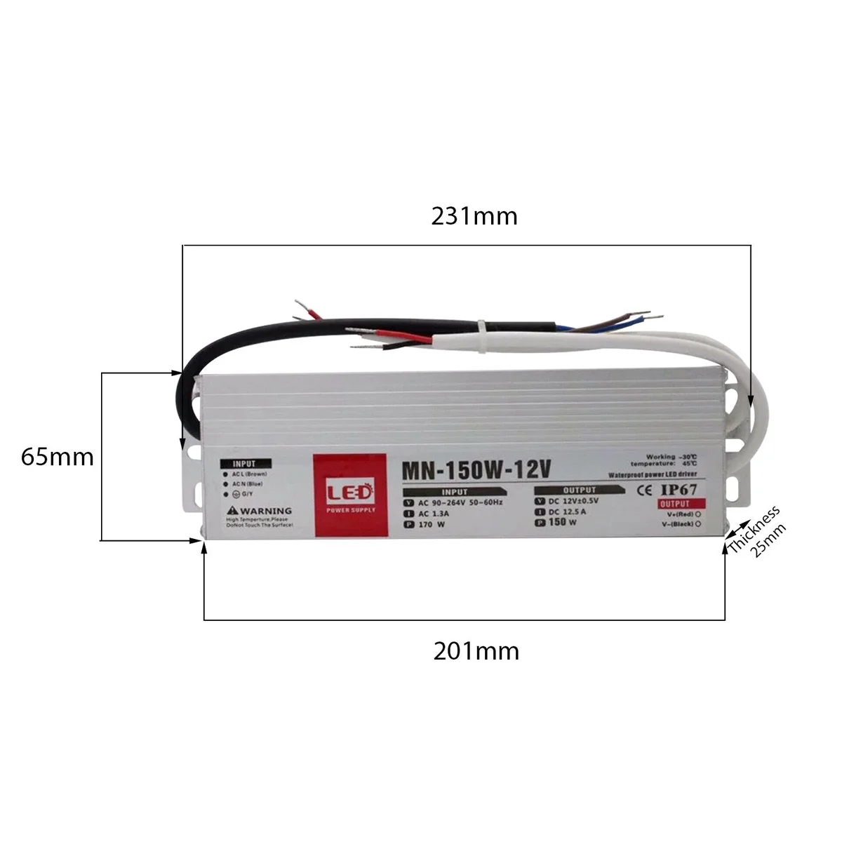 DC12V LED driver with aluminum casing, IP67 waterproof rating, slim design, and rubber-sealed cables for outdoor use