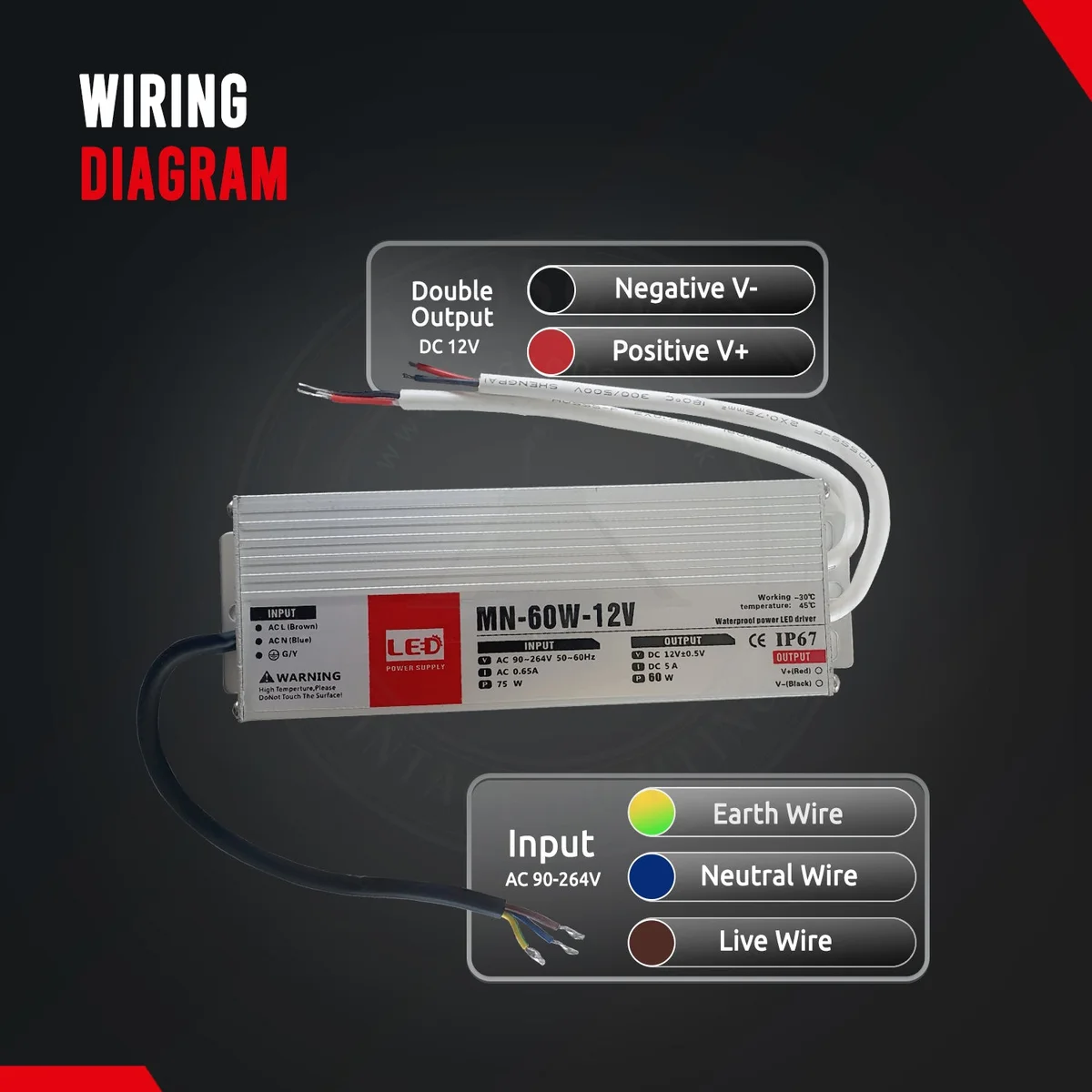 150W constant voltage LED driver with aluminum casing, IP67 waterproof rating, rubber-sealed cables, and DC 12V output