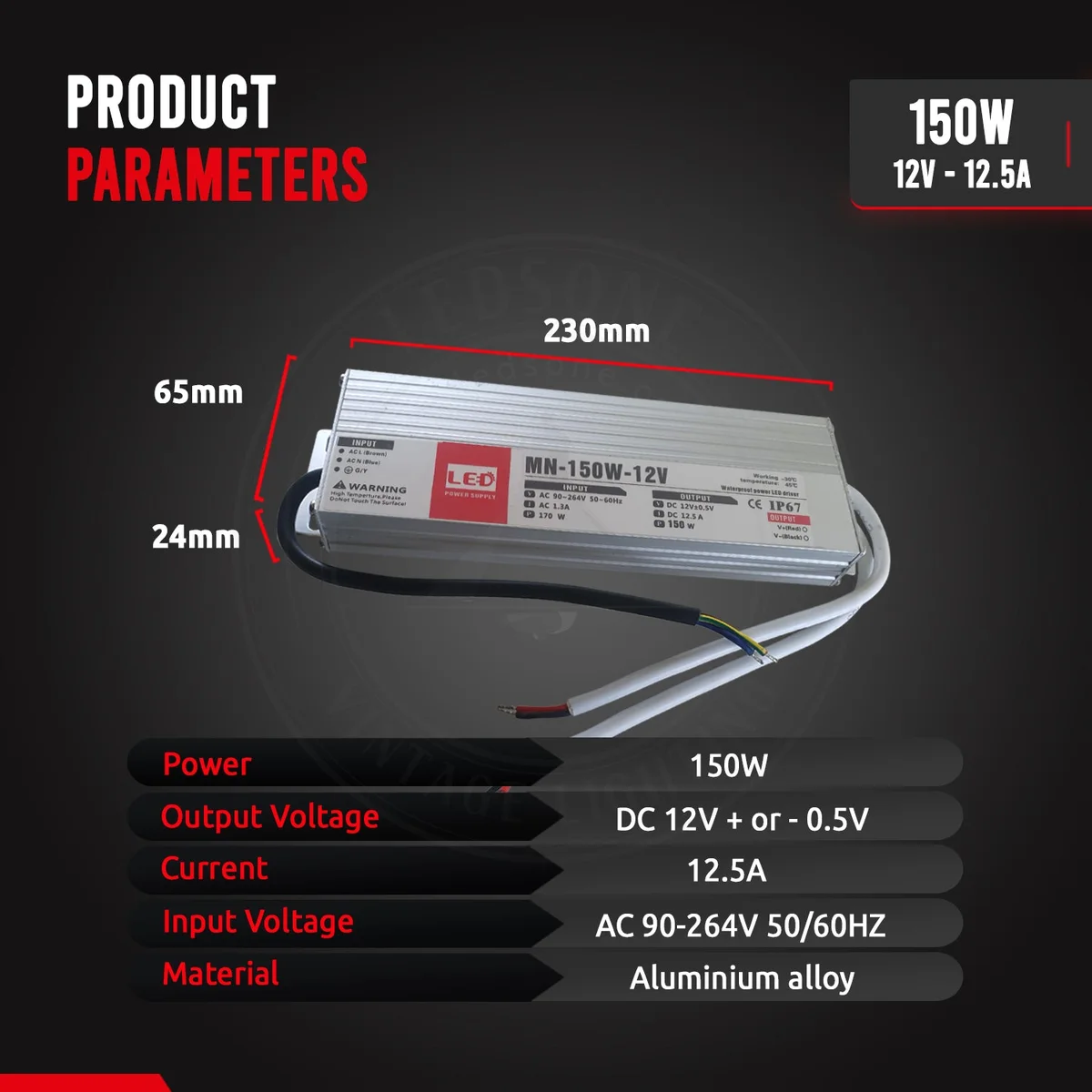 150W LED power supply transformer in slim aluminum casing with rubber-sealed cables, IP67 waterproof rating, 230x65x24mm size