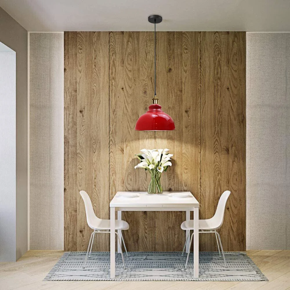 Red vintage industrial pendant light shade with dome shape and adjustable ceiling mount, includes free LED bulb