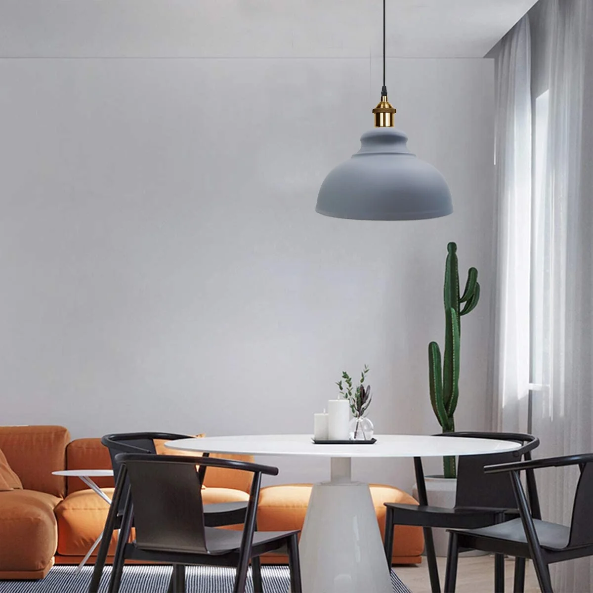 Red metal pendant light shade with white interior, angled base, and 95cm cable for ceiling installation