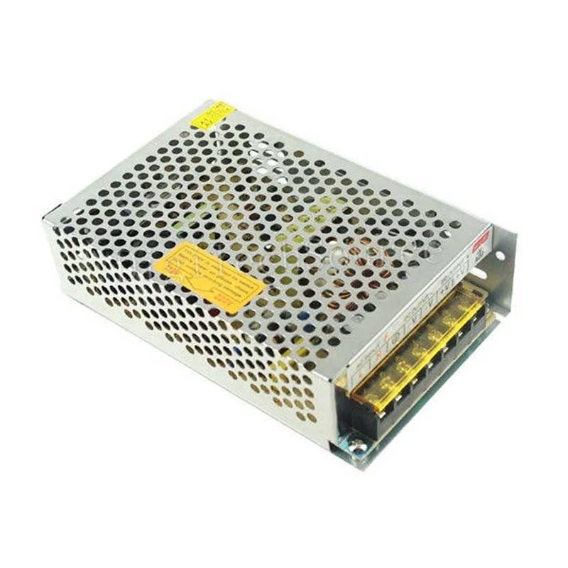 Compact 100W LED transformer with aluminium casing, screw terminals, and IP20 rating for indoor LED strip lighting use