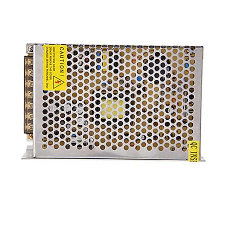 Compact aluminium 12V DC power supply with screw terminal connections and ventilation slots, rated 100W IP20 indoor use
