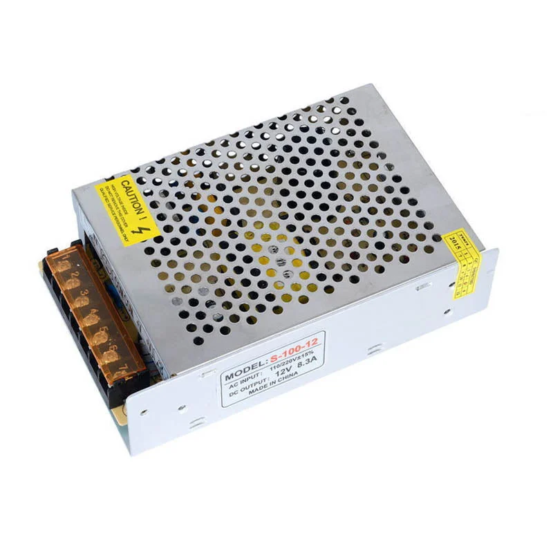 Compact aluminium IP20 LED transformer with screw terminals and labelled input/output for indoor 12V DC LED strip lighting