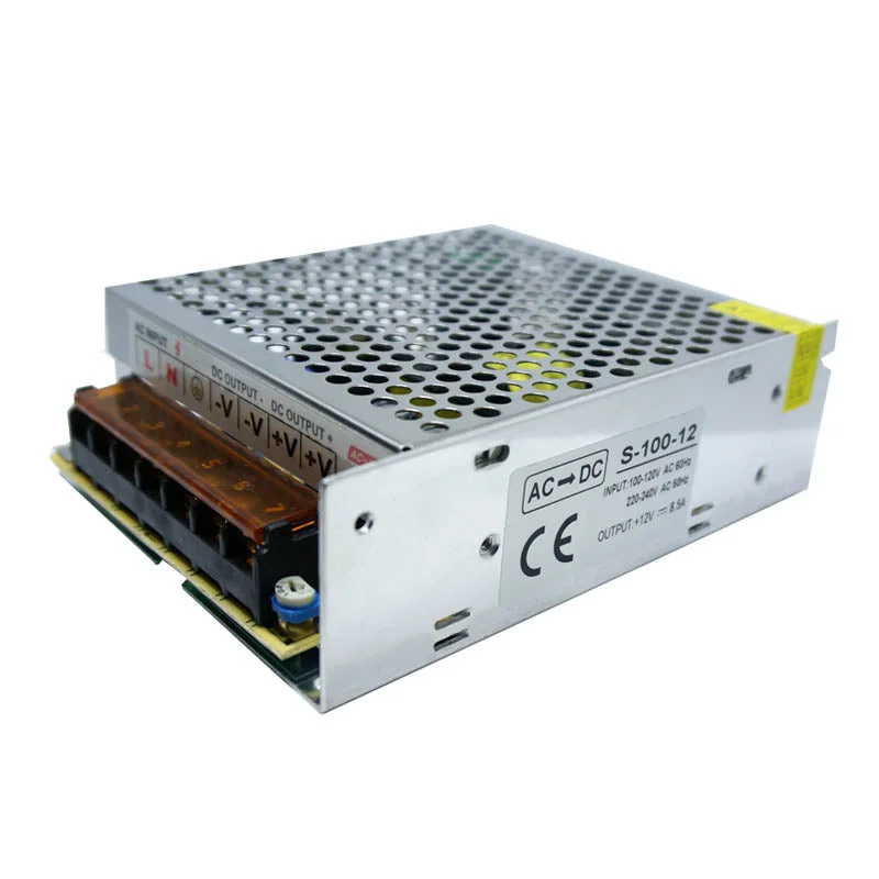 Compact LED power supply 12V transformer with aluminium shell, screw terminals, and ventilation slots for indoor use