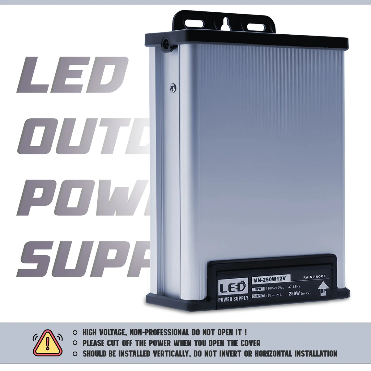 Compact aluminum outdoor LED transformer with IP45 rainproof rating and 12V 21A 250W power supply unit