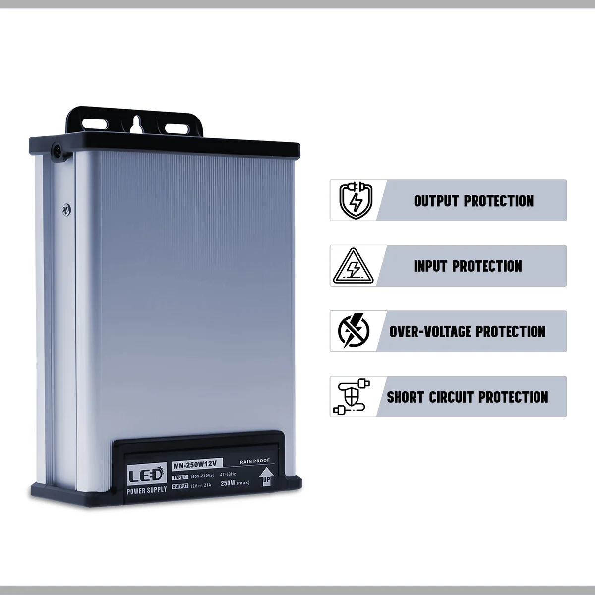 Compact aluminum rainproof LED driver with IP45 rating, 12V output, and 21A current for outdoor LED lighting