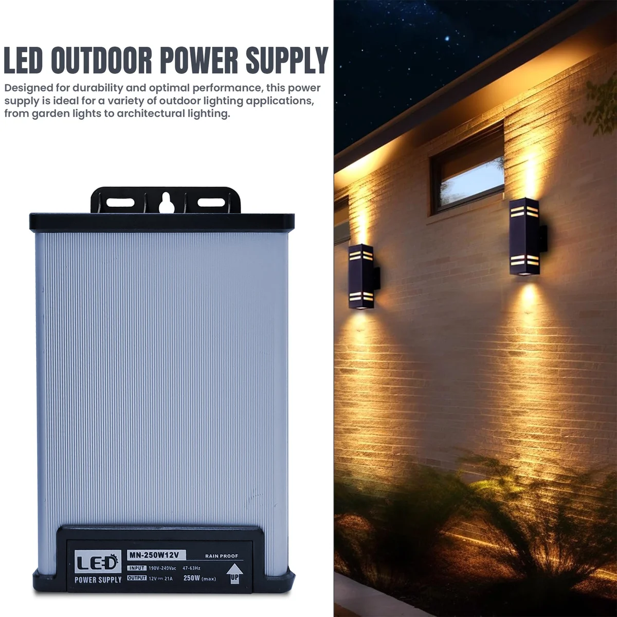 Aluminum IP45 rainproof DC 12V power supply with ventilation slots and power specifications label on side