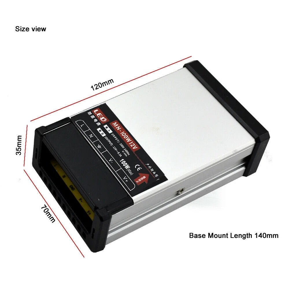 DC 12V 100W IP45 rainproof power supply with aluminum casing and AC 190-240V input for outdoor LED lighting