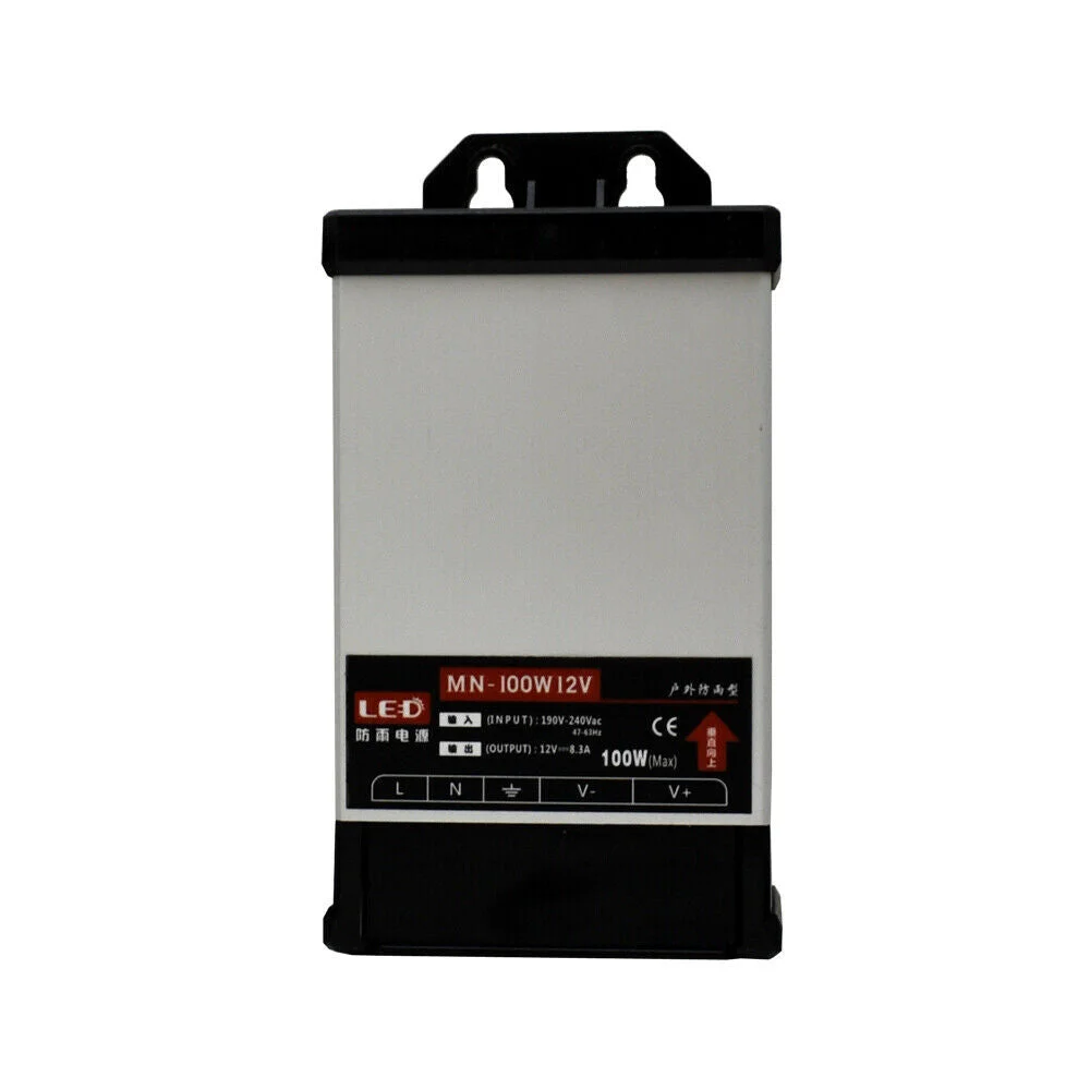 DC 12V LED driver with aluminum rainproof IP45 casing and attached power cables for outdoor LED lighting applications