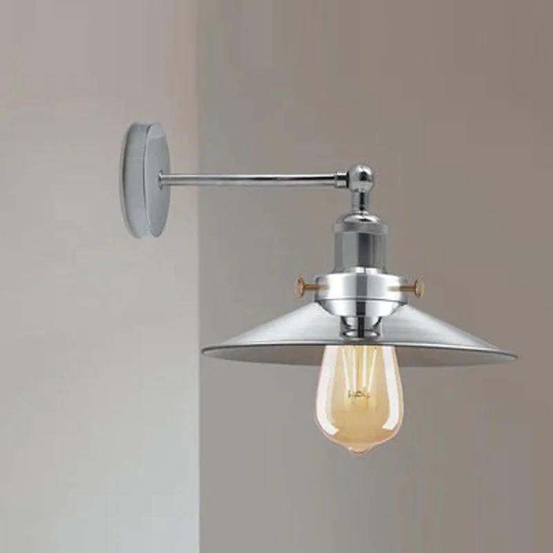 Satin nickel adjustable wall sconce with cone metal shade and exposed E27 holder, showing sleek industrial design
