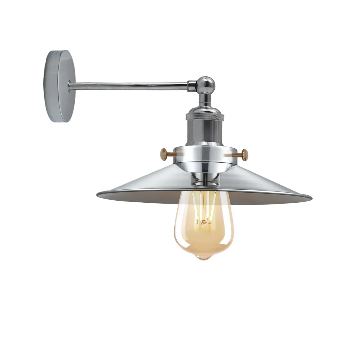 Satin Nickel vintage wall light with cone metal shade and exposed E27 holder, adjustable, retro industrial style.