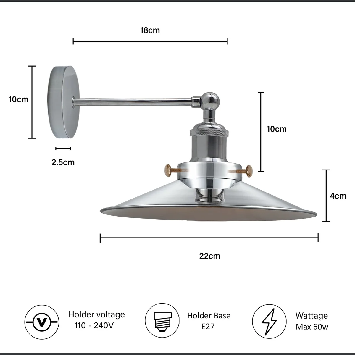 Satin nickel sconce with classic metal cone shade and exposed E27 holder, adjustable to direct light