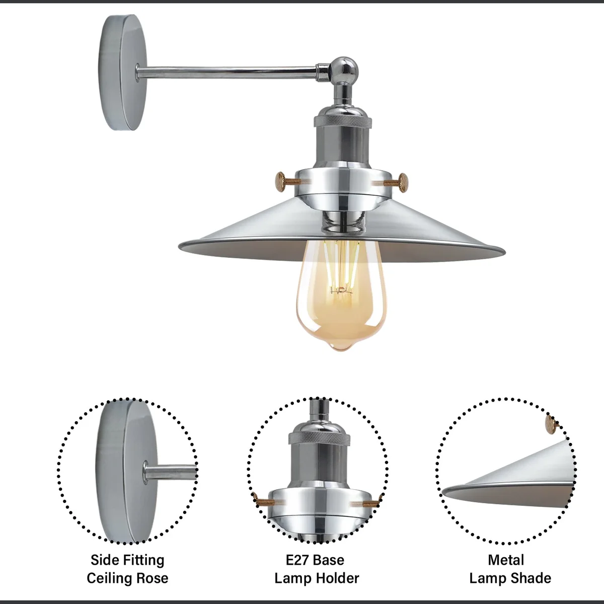 Satin nickel industrial wall lamp with cone shade and exposed E27 holder, adjustable for ambient lighting