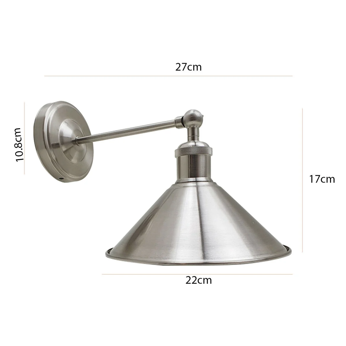 Satin nickel retro wall light with cone shade and exposed E27 holder.