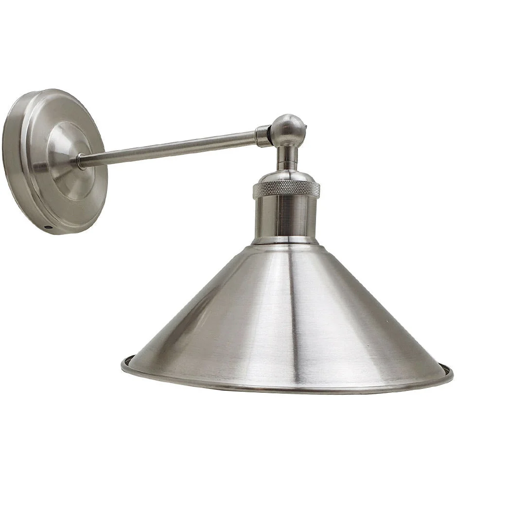 Adjustable wall sconce with satin nickel metal cone shade and exposed E27 holder, vintage industrial style.