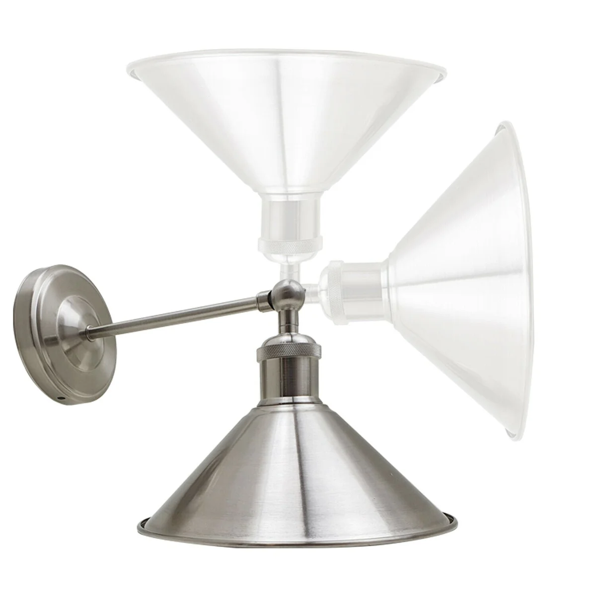 Satin nickel adjustable wall sconce with metal cone shade and exposed E27 holder, ready‑mounted.