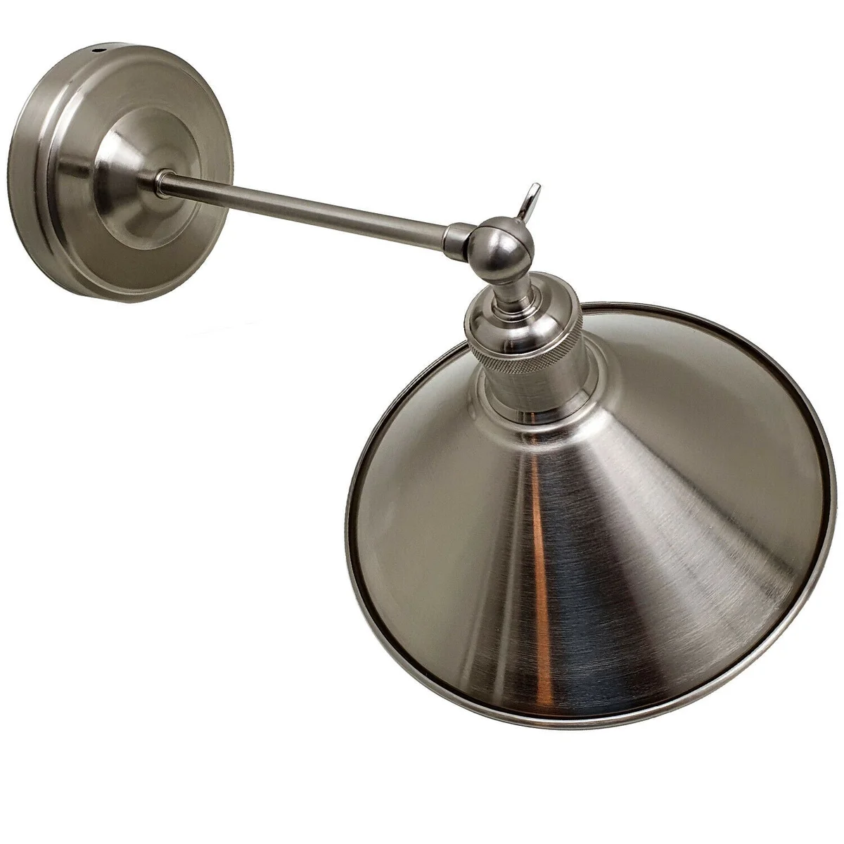 Satin nickel adjustable wall sconce with classic metal cone shade and exposed E27 holder, styled retro industrial