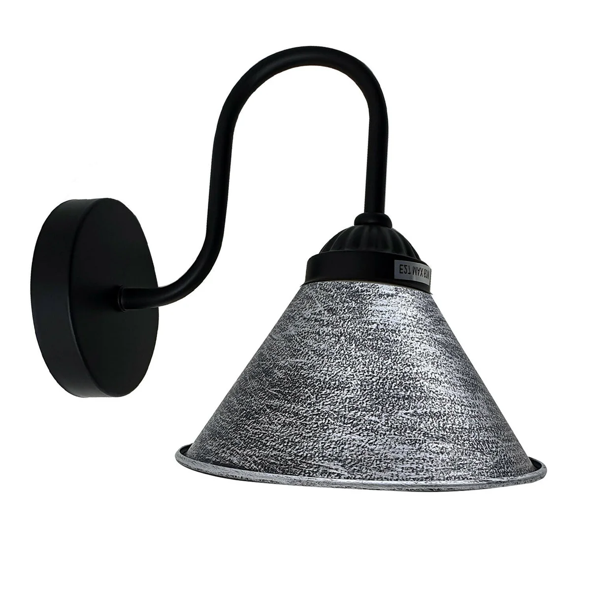 Black silver wall lamp shade with brushed metal finish and black arm, designed for E27 bulb wall light fixture