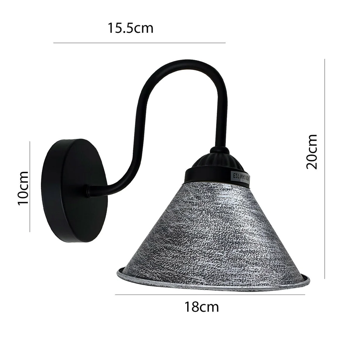 Brushed black and silver metal wall light shade with black arm, designed for E27 bulb, rustic modern style wall sconce shade