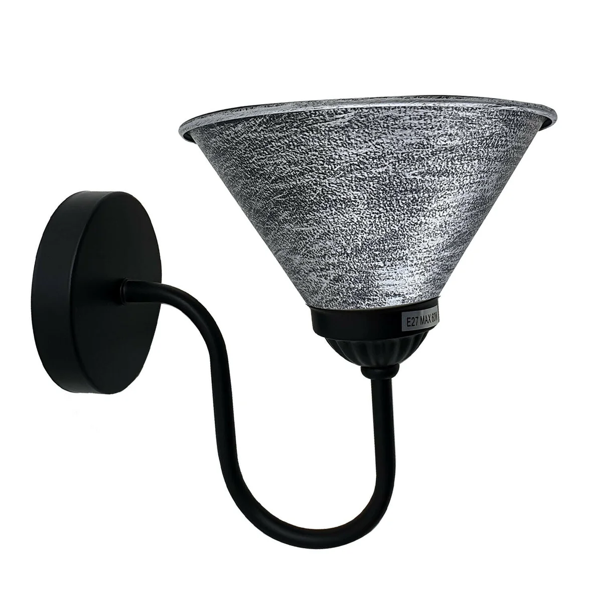 Brushed black and silver metal lamp shade with black arm, designed for E27 lamp holder shade wall light installation