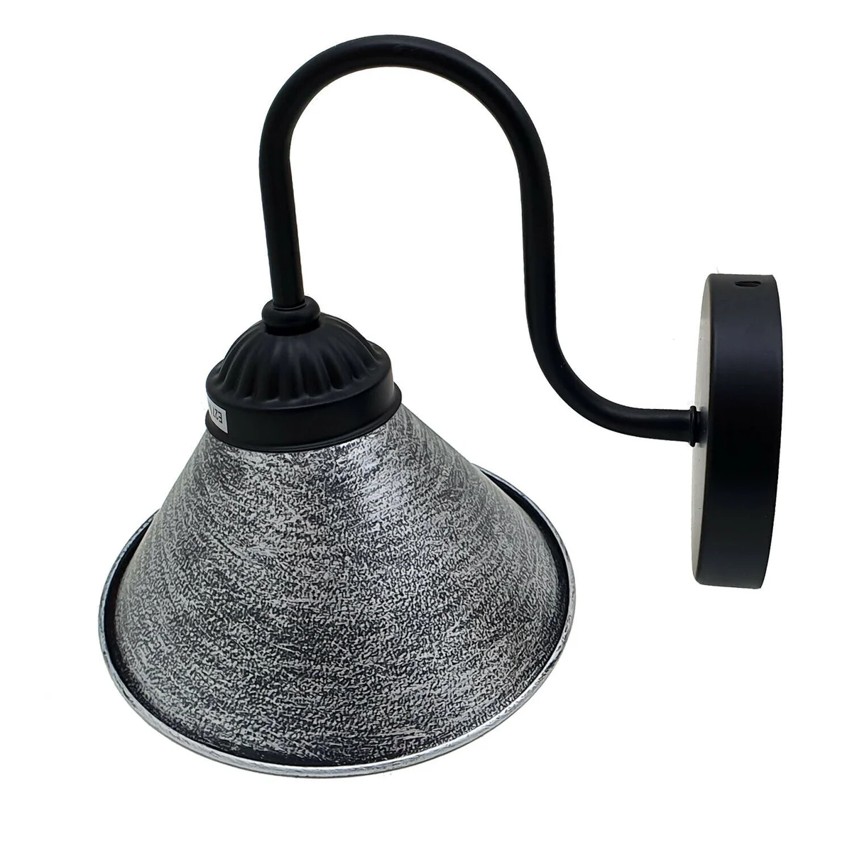 Brushed black and silver metal modern wall sconce shade with black arm mounted on wall, no bulb included