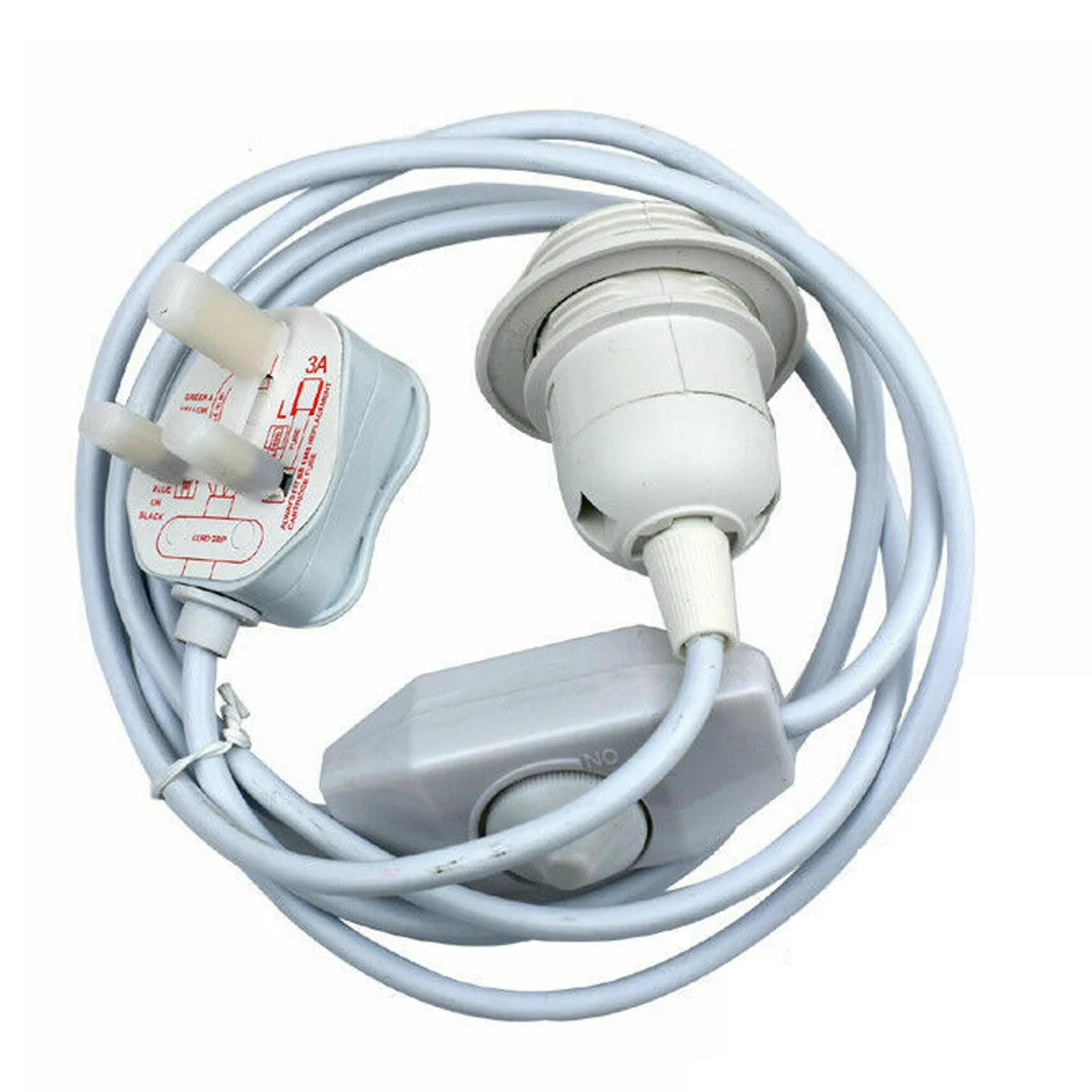 White 2m plug in pendant light with inline switch, E27 lamp holder, and 3-pin UK plug on white background