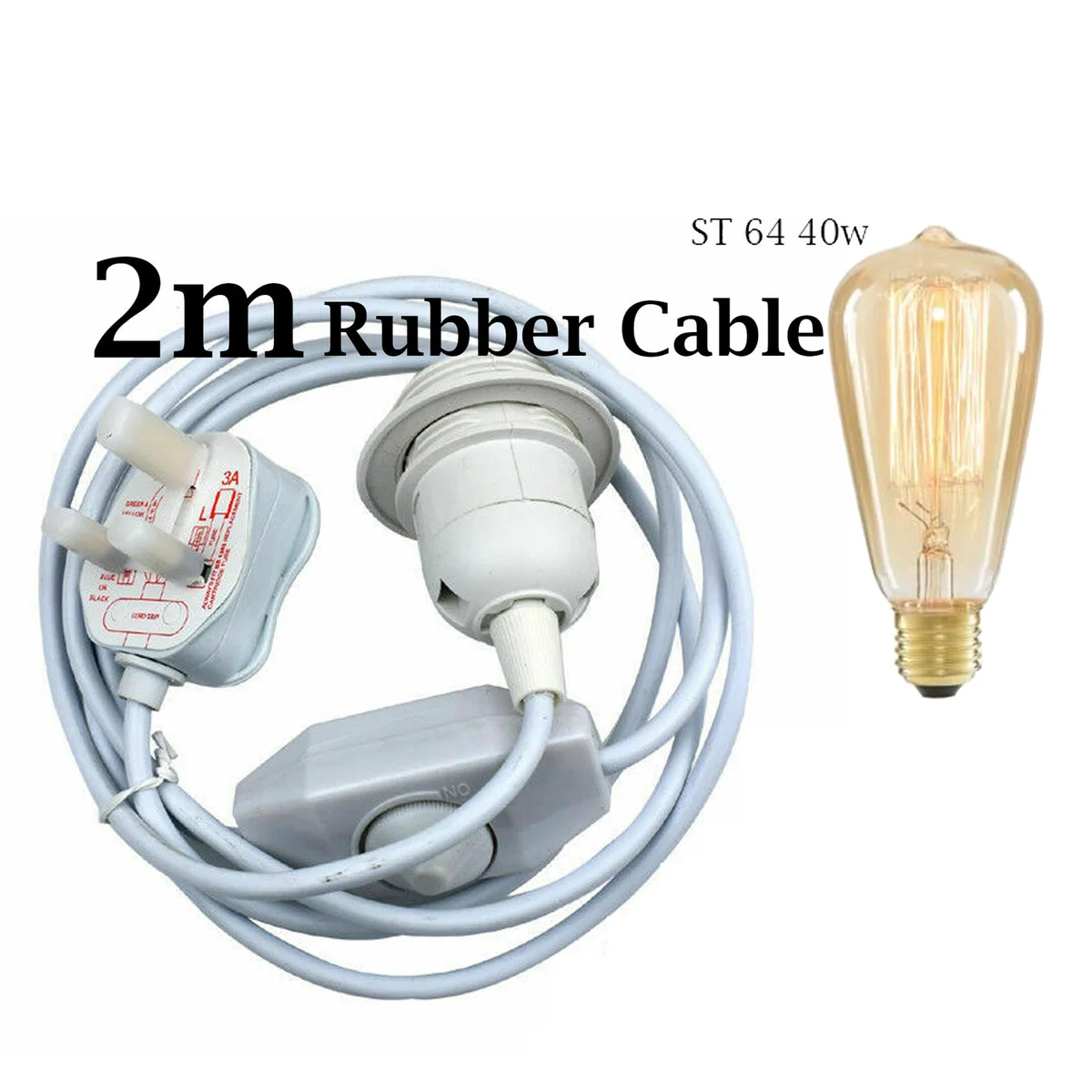 White 2m plug-in pendant with inline switch and E27 lamp holder, UK 3-pin plug, suitable for desk or table lamps