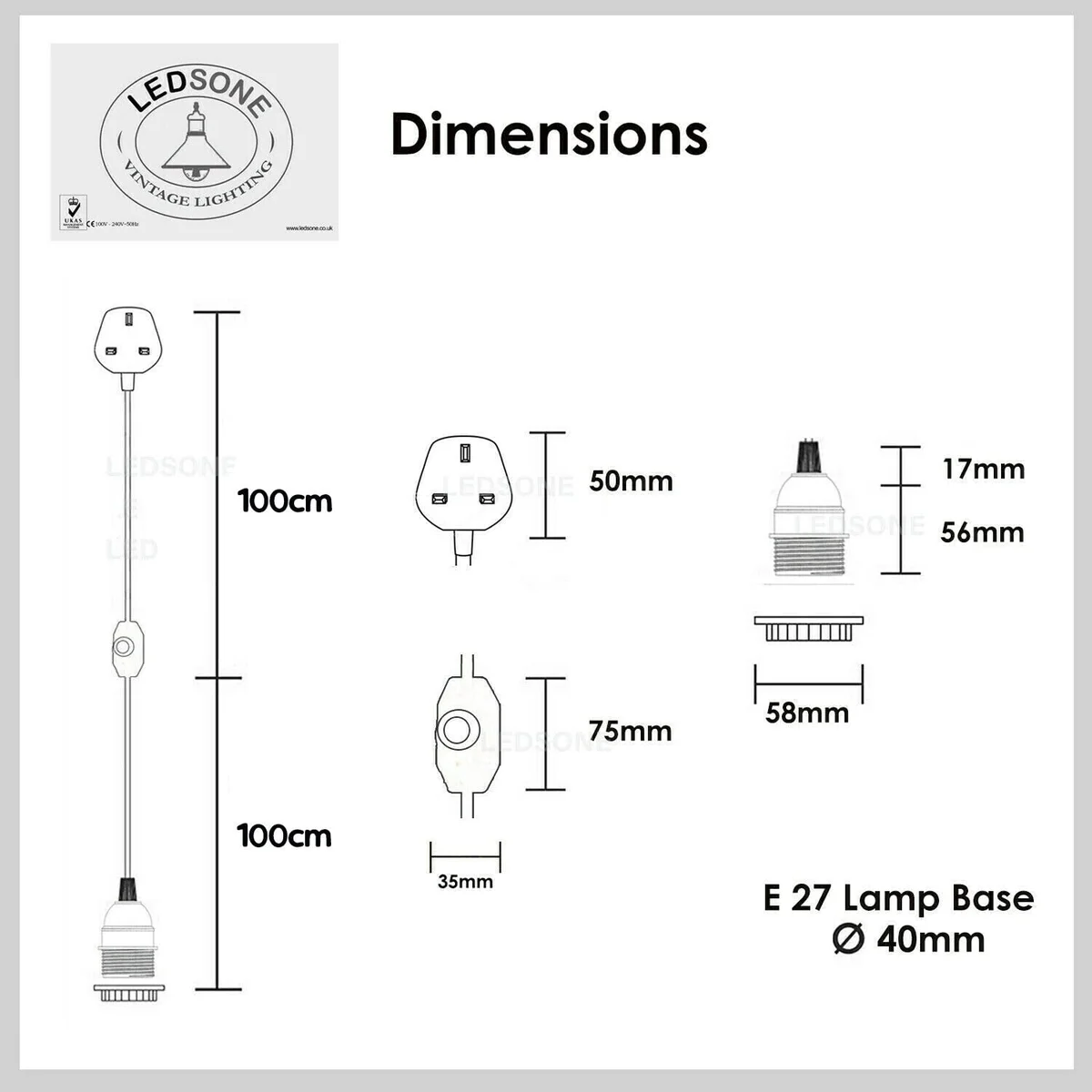White pendant lamp with 2m white cable, inline switch, and 3-pin UK plug, E27 bulb holder included