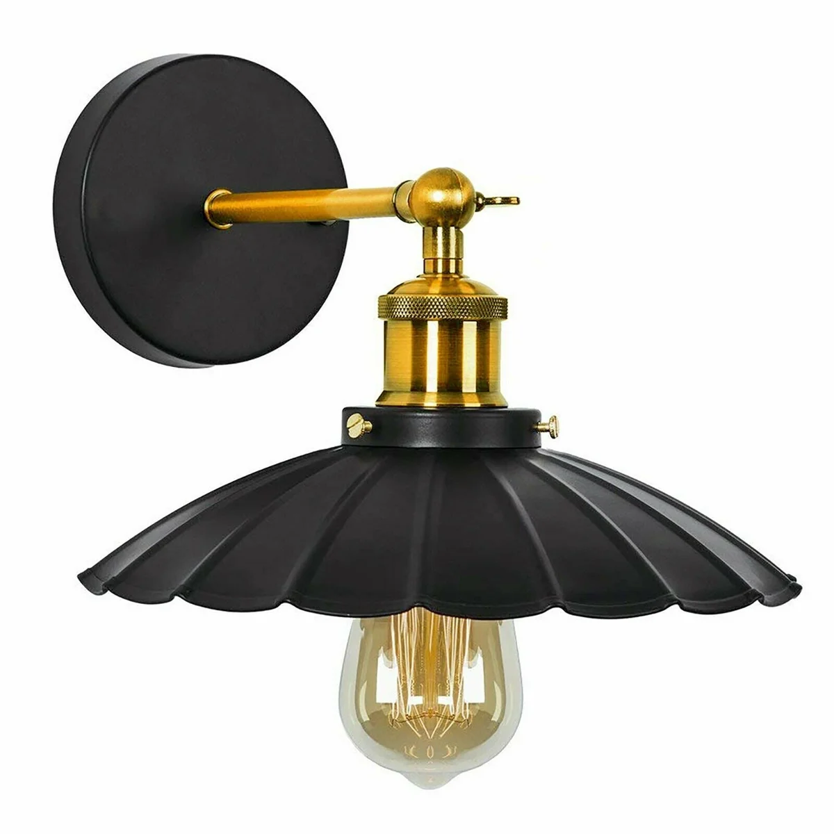 Black modern wall lamp with matte black metal shade and arm, designed for indoor use with E27 bulb fitting