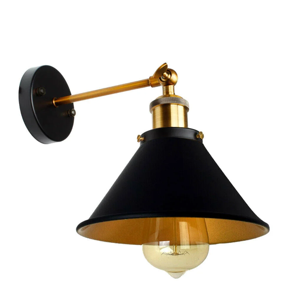 Modern black wall lights with matte finish metal shade and arm, designed for indoor use with E27 bulb fitting