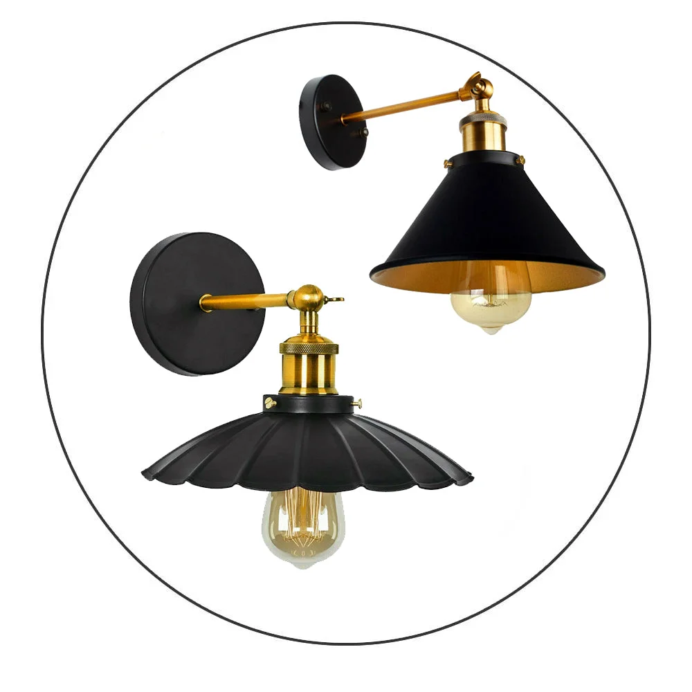 Modern black wall lights with matte metal finish and minimalist shade, ideal for indoor use with E27 bulbs