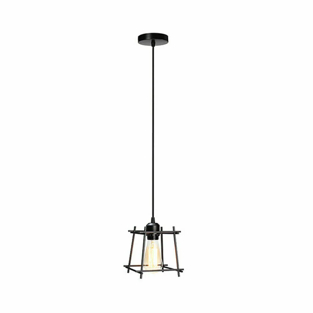 Black metal cage industrial pendant light with E27 holder and 100cm PVC cable hanging from ceiling