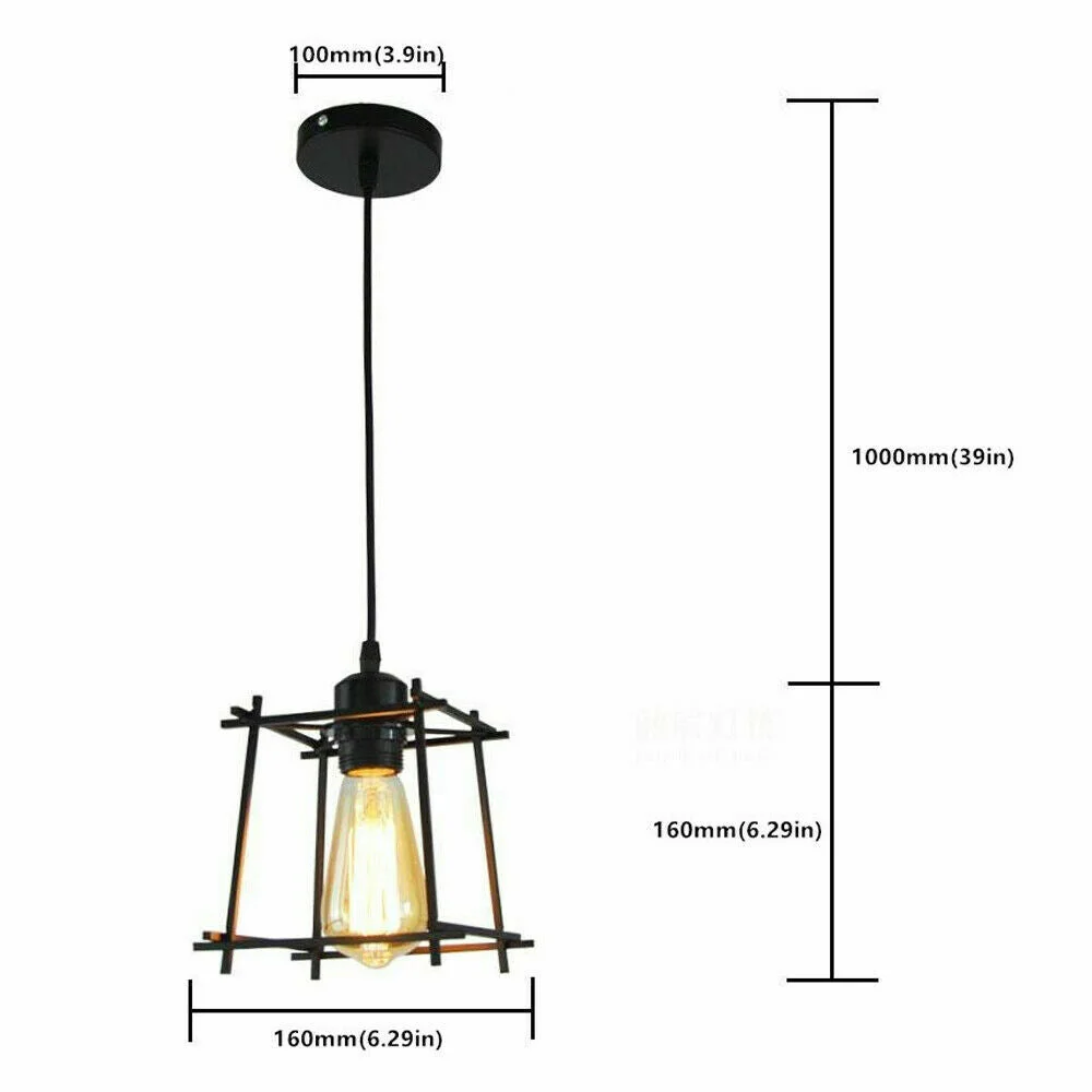 Black metal cage ceiling hanging light with E27 socket and 100cm cable in retro industrial loft style