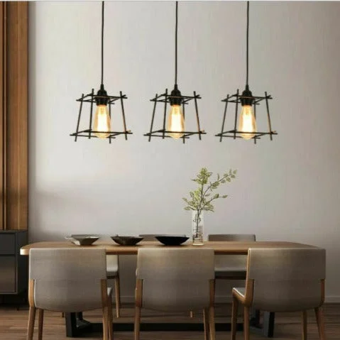 Black metal cage pendant light with E27 holder and 100cm cable, retro industrial loft style ceiling lamp shade