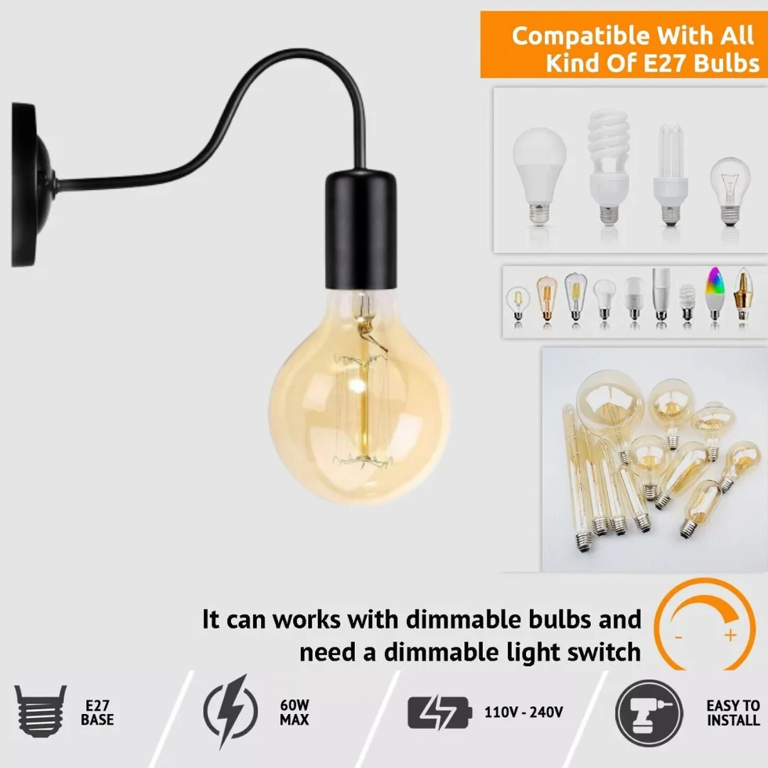 Vintage black swan neck metal dimmable wall light mounted on a white wall with exposed bulb and corded electric power source