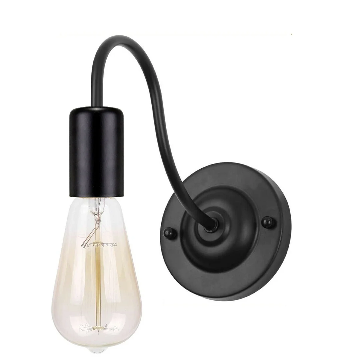 Vintage black metal swan neck E27 bulb wall light mounted on a white wall, showing its curved arm and bulb socket.