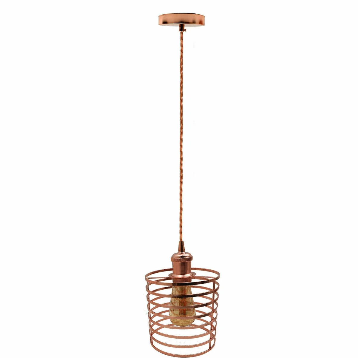 Modern pendant light with rose gold metal frame and fabric lampshade, single E27 bulb holder, hanging cable visible