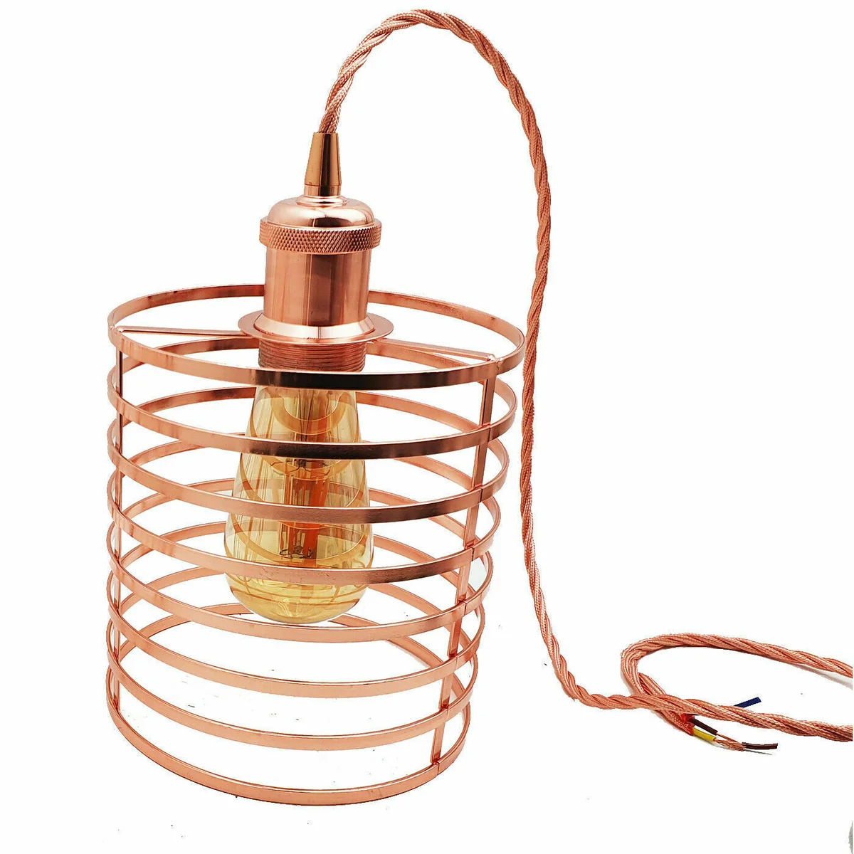 Modern rose gold metal pendant lamp with fabric shade and 95cm cable, designed for E27 bulbs, ceiling mounted