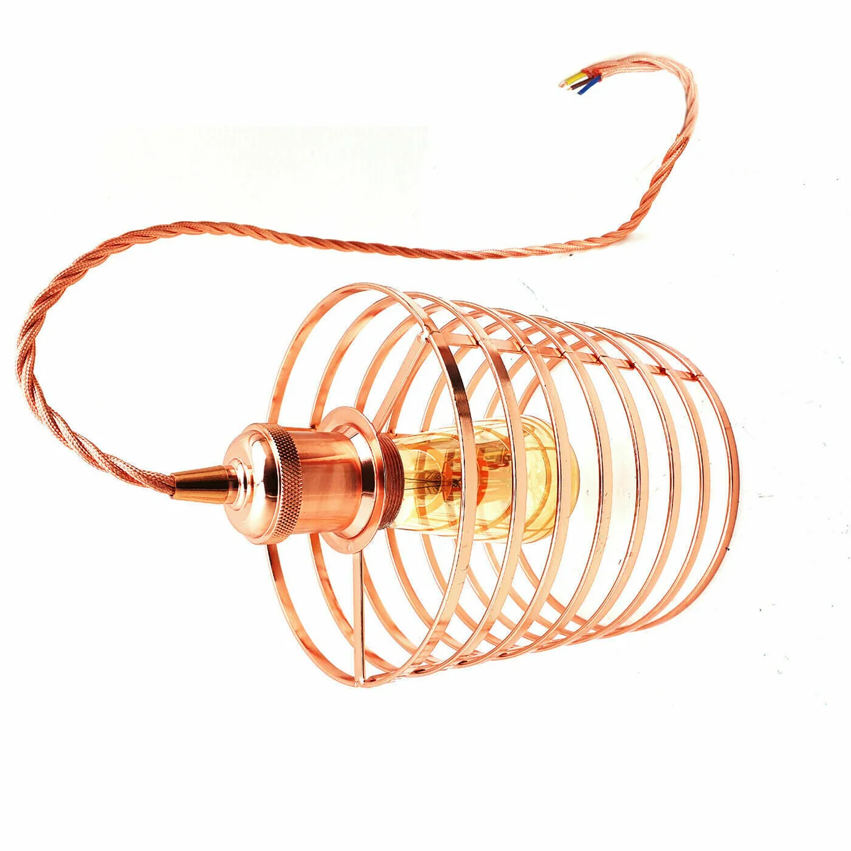 Rose gold modern chandelier pendant light with metal fabric shade and 95cm cable, compatible with E27 bulb pendant
